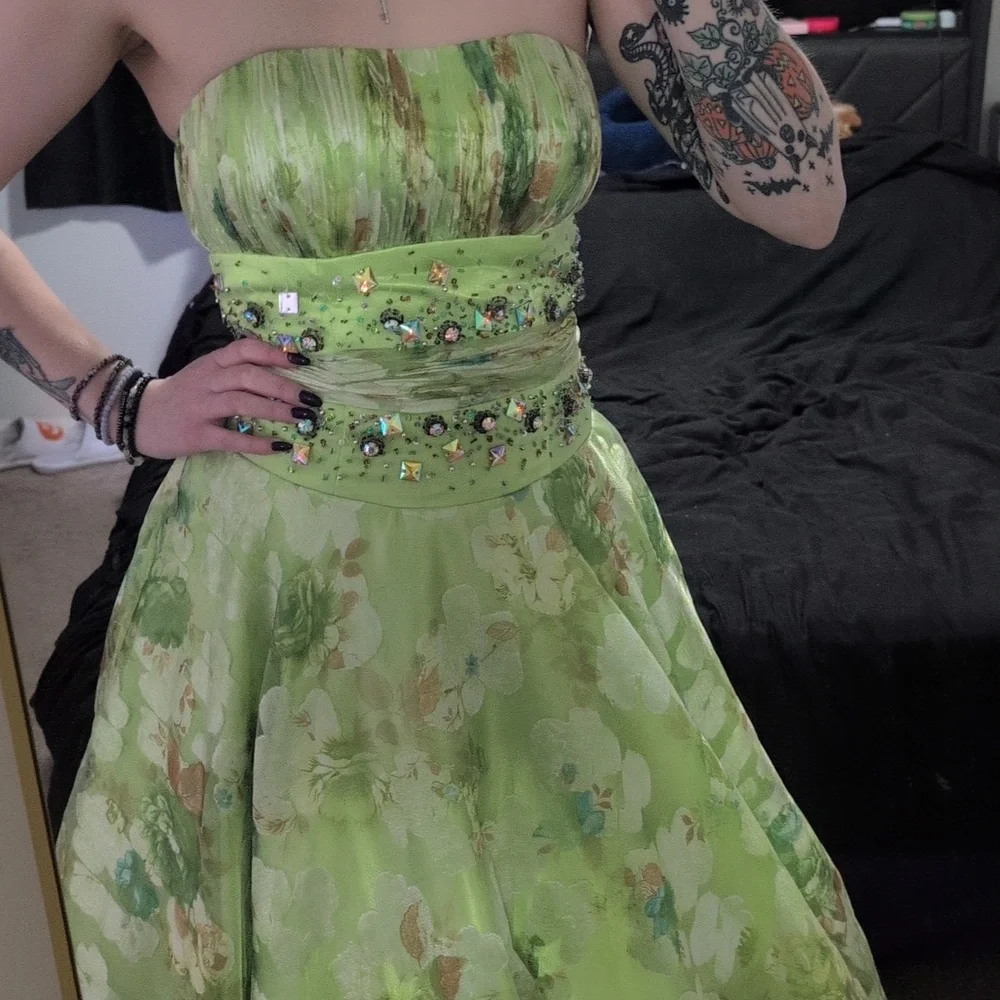 Blush Prom Green Floral Strapless Prom Gown - Picture 6 of 12